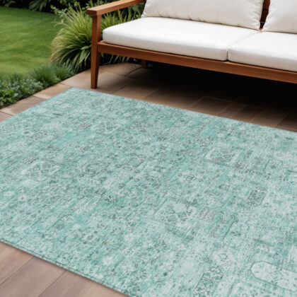 8' X 10' Teal Blue Aqua And Gray Floral Washable Indoor Outdoor Area Rug