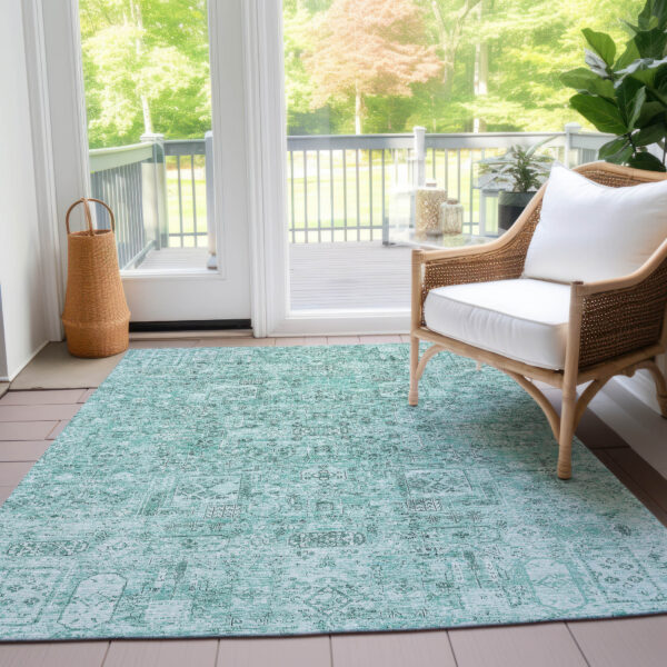 8' X 10' Teal Blue Aqua And Gray Floral Washable Indoor Outdoor Area Rug