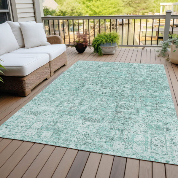 8' X 10' Teal Blue Aqua And Gray Floral Washable Indoor Outdoor Area Rug