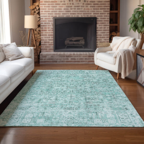 8' X 10' Teal Blue Aqua And Gray Floral Washable Indoor Outdoor Area Rug