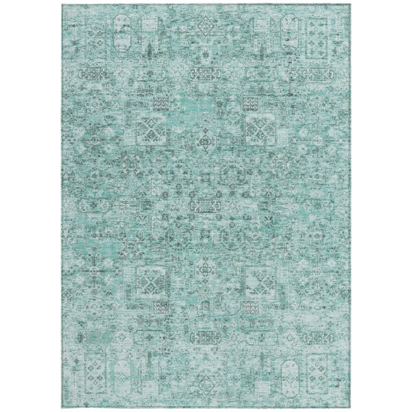8' X 10' Teal Blue Aqua And Gray Floral Washable Indoor Outdoor Area Rug