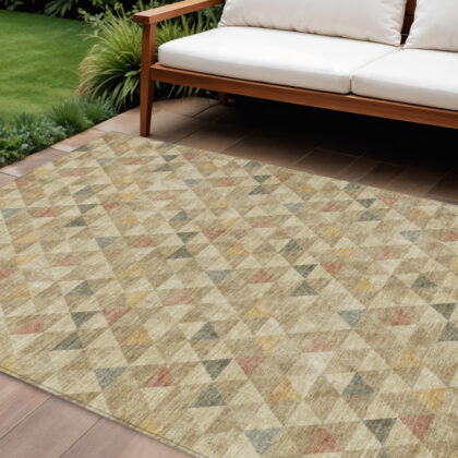 10' X 14' Beige Tan And Taupe Geometric Washable Indoor Outdoor Area Rug