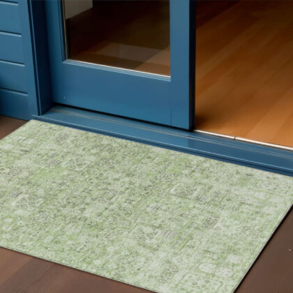 3' X 5' Artichoke Green And Olive Green Floral Washable Indoor Outdoor Area Rug