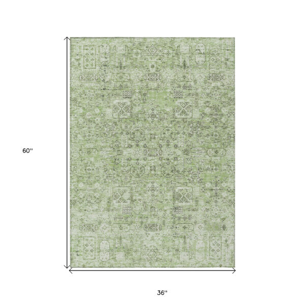 3' X 5' Artichoke Green And Olive Green Floral Washable Indoor Outdoor Area Rug