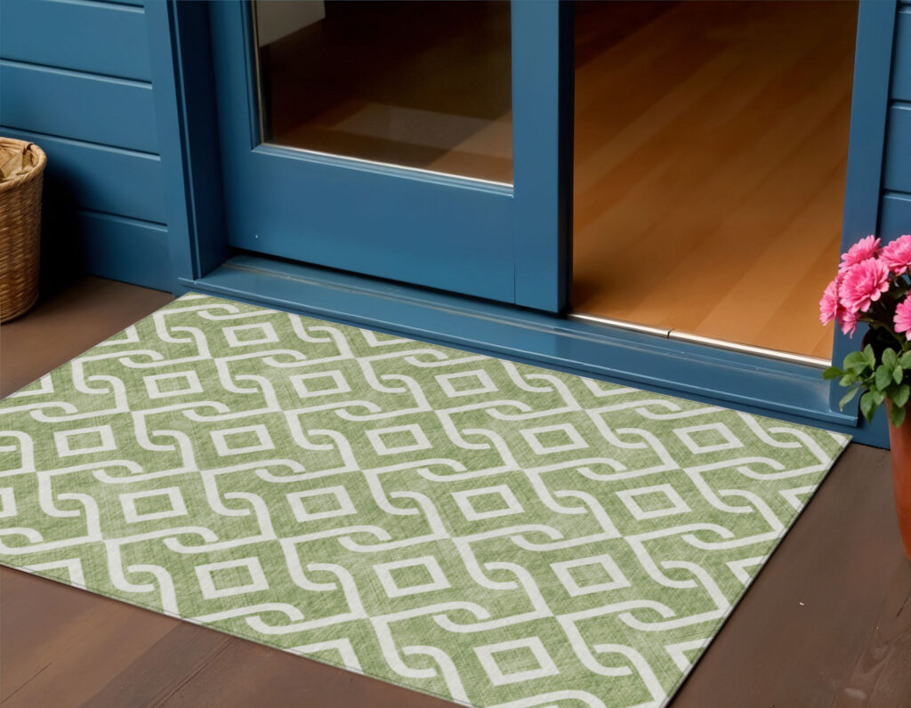 3' X 5' Green And Ivory Geometric Washable Indoor Outdoor Area Rug