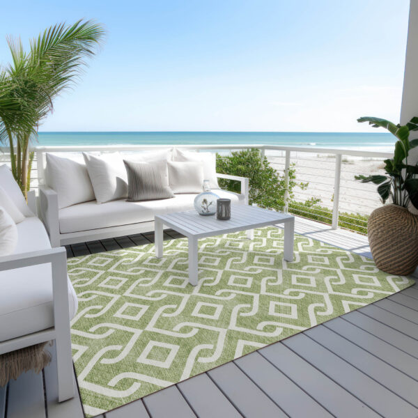 3' X 5' Green And Ivory Geometric Washable Indoor Outdoor Area Rug