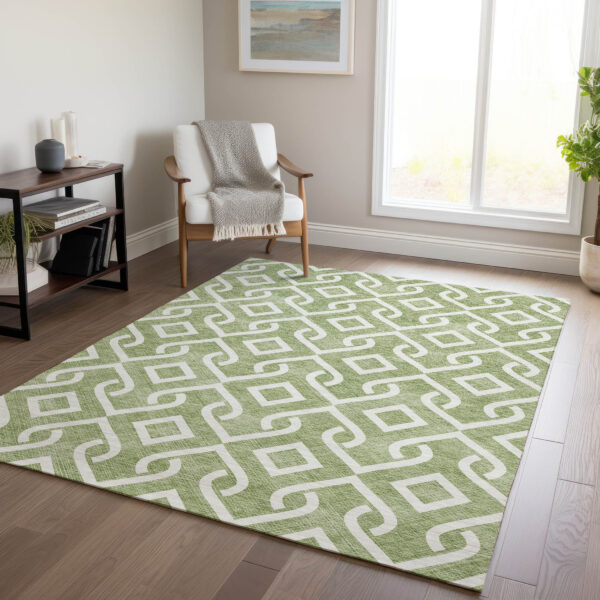 3' X 5' Green And Ivory Geometric Washable Indoor Outdoor Area Rug