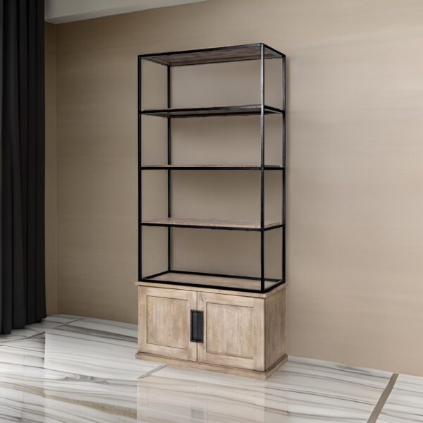90" Brown Iron and Wood Three Tier Bookcase