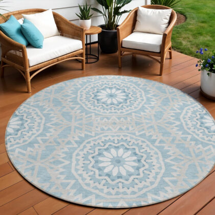 8' Denim Blue And Ivory Round Floral Medallion Washable Indoor Outdoor Area Rug