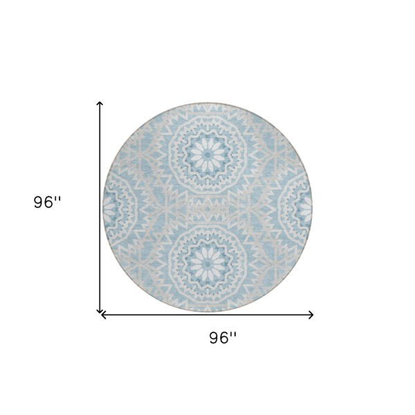 8' Denim Blue And Ivory Round Floral Medallion Washable Indoor Outdoor Area Rug