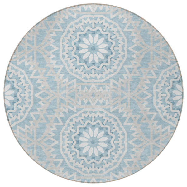 8' Denim Blue And Ivory Round Floral Medallion Washable Indoor Outdoor Area Rug