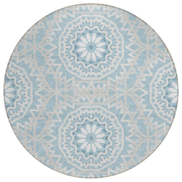 8' Denim Blue And Ivory Round Floral Medallion Washable Indoor Outdoor Area Rug