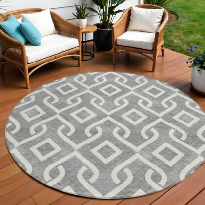 8' Gray And Ivory Round Geometric Washable Indoor Outdoor Area Rug