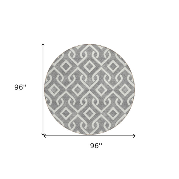 8' Gray And Ivory Round Geometric Washable Indoor Outdoor Area Rug