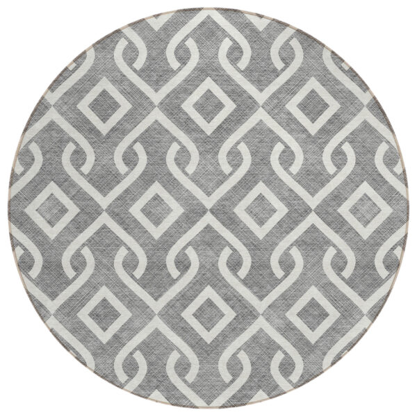 8' Gray And Ivory Round Geometric Washable Indoor Outdoor Area Rug