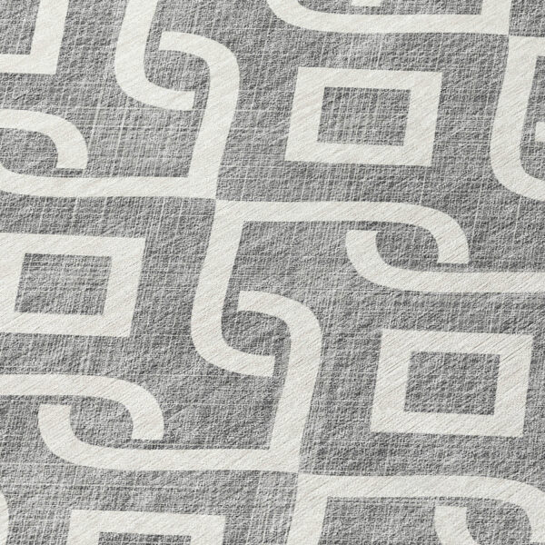 8' Gray And Ivory Round Geometric Washable Indoor Outdoor Area Rug