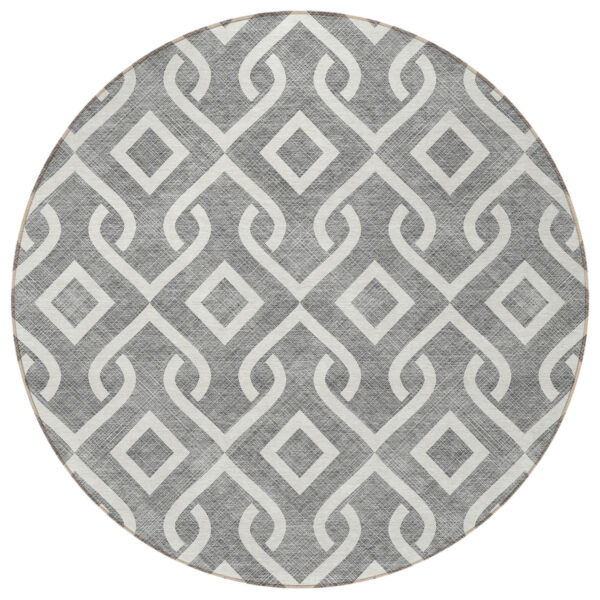 8' Gray And Ivory Round Geometric Washable Indoor Outdoor Area Rug