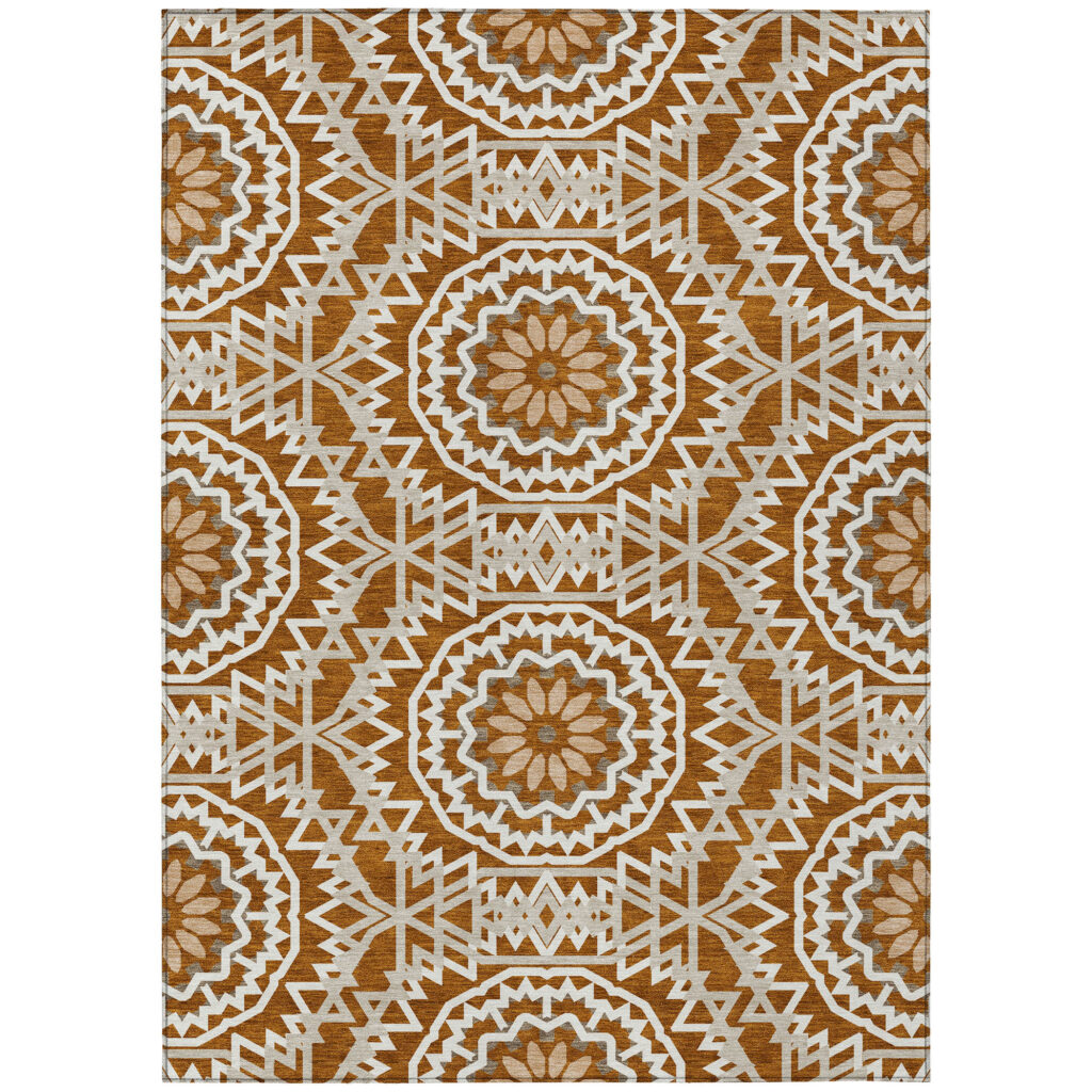 10' X 14' Orange Copper And Beige Floral Medallion Washable Indoor Outdoor Area Rug