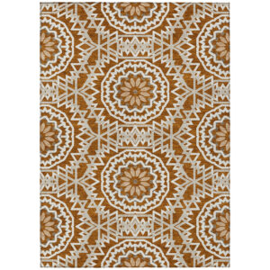 10' X 14' Orange Copper And Beige Floral Medallion Washable Indoor Outdoor Area Rug