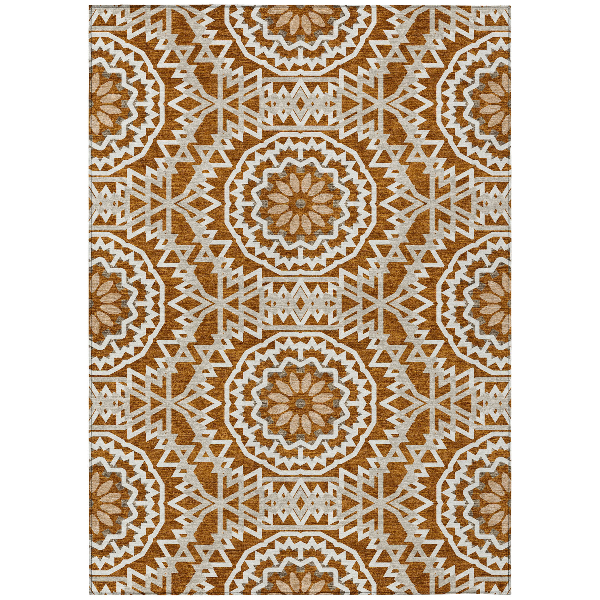 10' X 14' Orange Copper And Beige Floral Medallion Washable Indoor Outdoor Area Rug