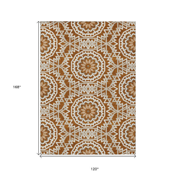 10' X 14' Orange Copper And Beige Floral Medallion Washable Indoor Outdoor Area Rug