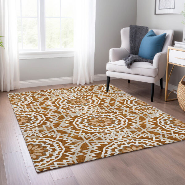 10' X 14' Orange Copper And Beige Floral Medallion Washable Indoor Outdoor Area Rug