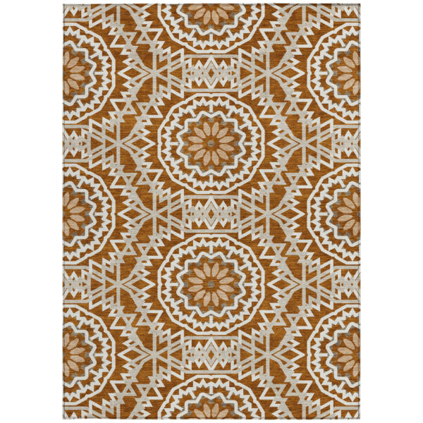 10' X 14' Orange Copper And Beige Floral Medallion Washable Indoor Outdoor Area Rug