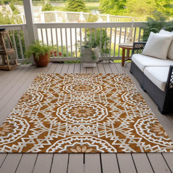 10' X 14' Orange Copper And Beige Floral Medallion Washable Indoor Outdoor Area Rug