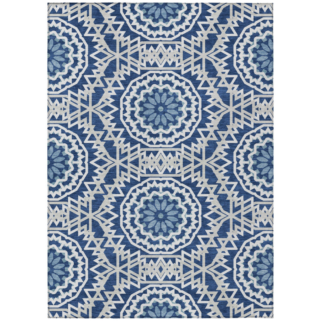 8' X 10' Navy Blue Ivory And Gray Floral Medallion Washable Indoor Outdoor Area Rug