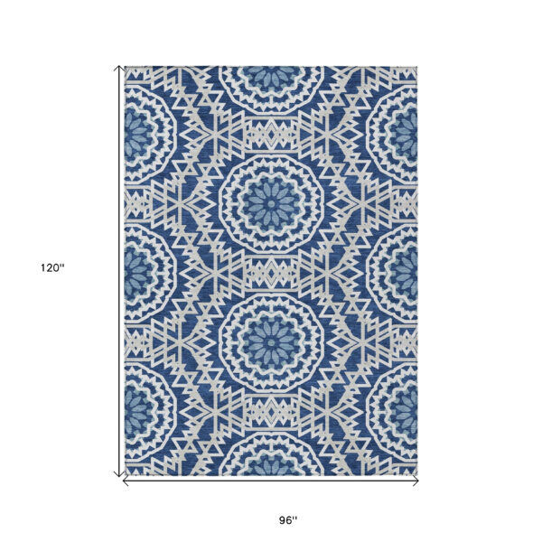 8' X 10' Navy Blue Ivory And Gray Floral Medallion Washable Indoor Outdoor Area Rug