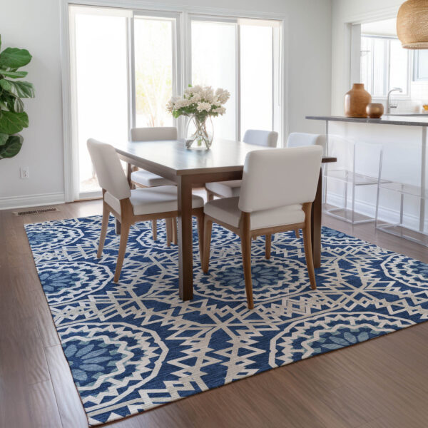 8' X 10' Navy Blue Ivory And Gray Floral Medallion Washable Indoor Outdoor Area Rug
