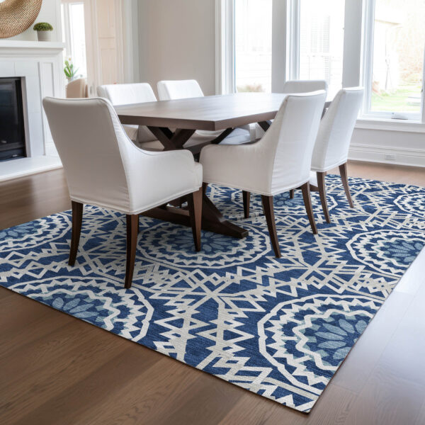 8' X 10' Navy Blue Ivory And Gray Floral Medallion Washable Indoor Outdoor Area Rug