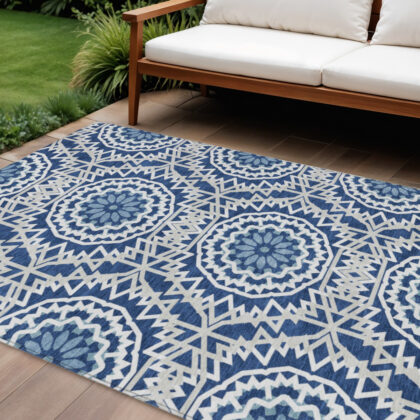 8' X 10' Navy Blue Ivory And Gray Floral Medallion Washable Indoor Outdoor Area Rug