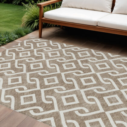 10' X 14' Brown And Ivory Geometric Washable Indoor Outdoor Area Rug