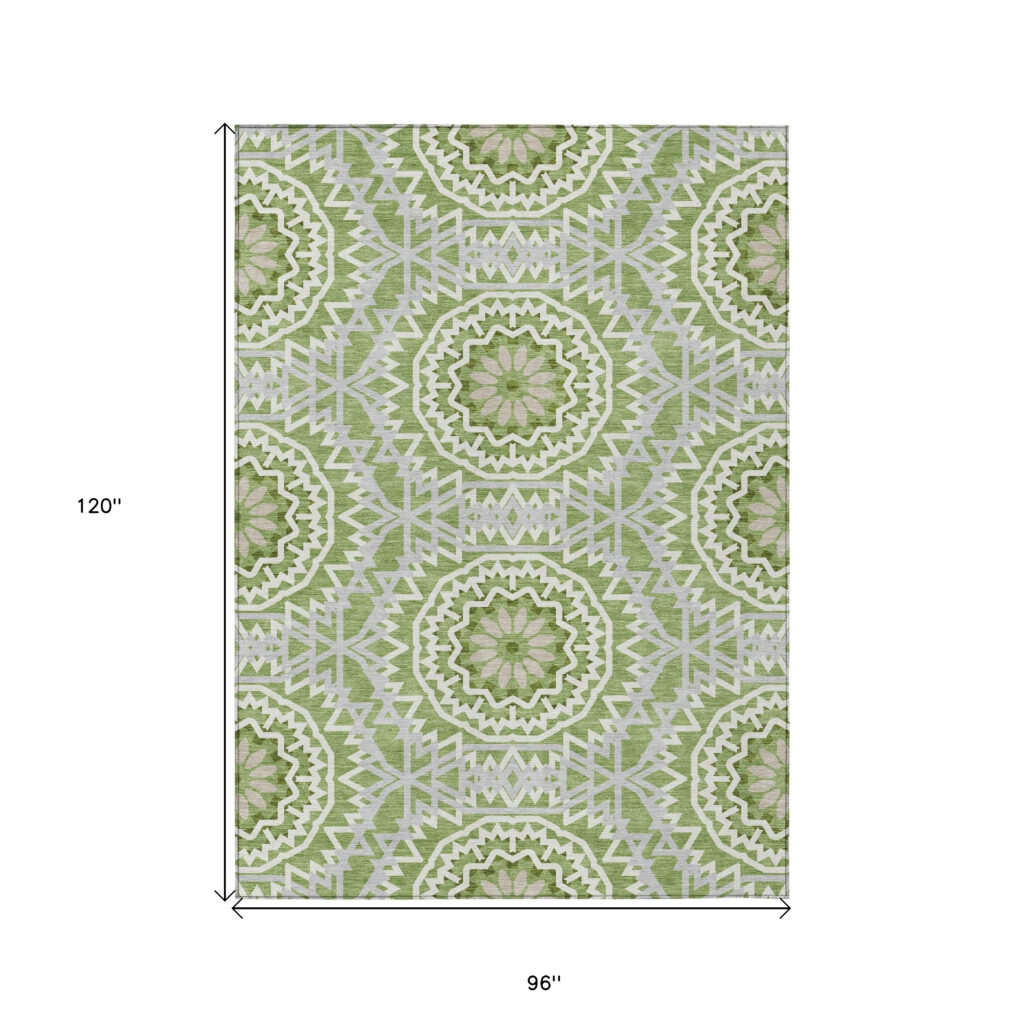 8' X 10' Green Olive Green And Ivory Floral Medallion Washable Indoor Outdoor Area Rug