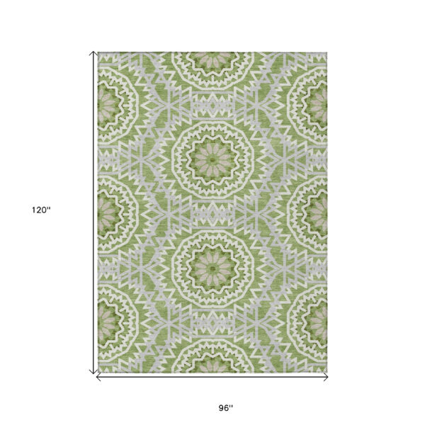 8' X 10' Green Olive Green And Ivory Floral Medallion Washable Indoor Outdoor Area Rug