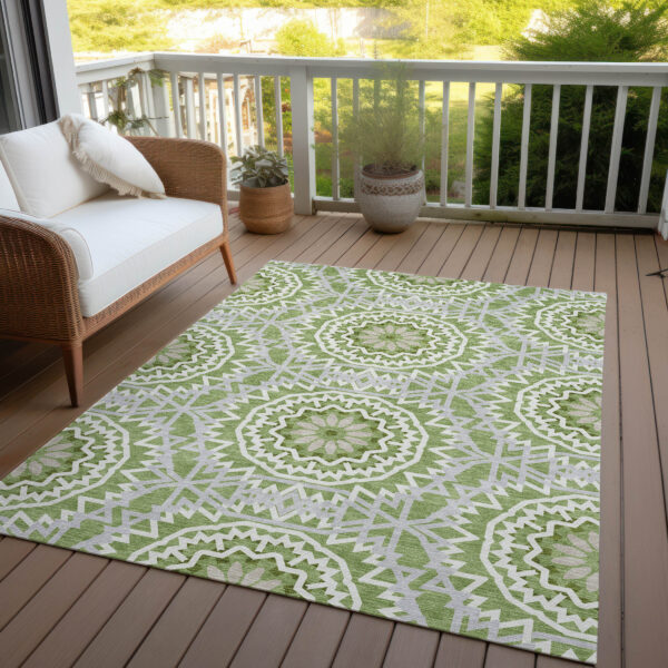 8' X 10' Green Olive Green And Ivory Floral Medallion Washable Indoor Outdoor Area Rug