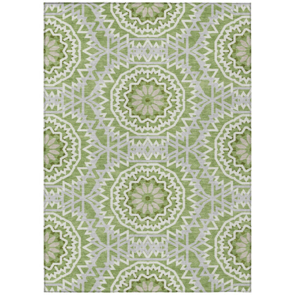 8' X 10' Green Olive Green And Ivory Floral Medallion Washable Indoor Outdoor Area Rug