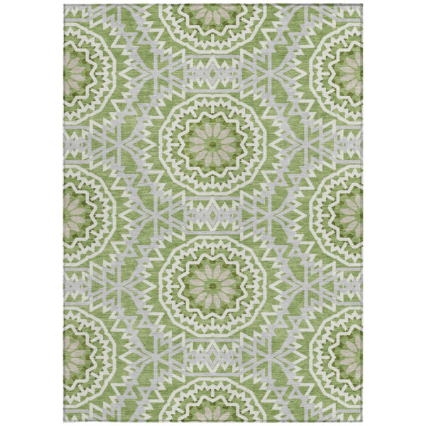 8' X 10' Green Olive Green And Ivory Floral Medallion Washable Indoor Outdoor Area Rug