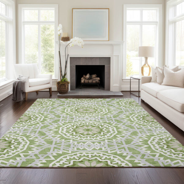 8' X 10' Green Olive Green And Ivory Floral Medallion Washable Indoor Outdoor Area Rug