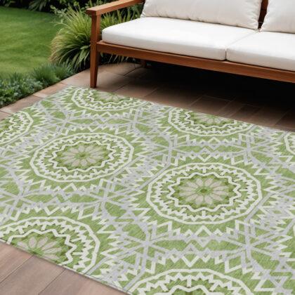 8' X 10' Green Olive Green And Ivory Floral Medallion Washable Indoor Outdoor Area Rug
