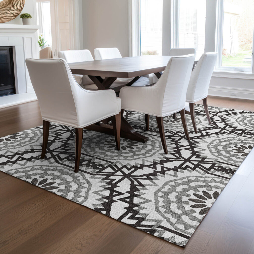 10' X 14' White Black And Gray Floral Medallion Washable Indoor Outdoor Area Rug