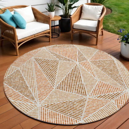 8' Terra Cotta Beige And Salmon Round Geometric Washable Indoor Outdoor Area Rug