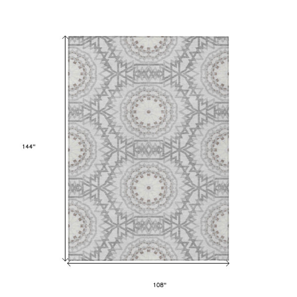 9' X 12' Silver Ivory And Gray Floral Medallion Washable Indoor Outdoor Area Rug