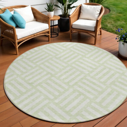 8' Mint Green And Ivory Round Geometric Washable Indoor Outdoor Area Rug