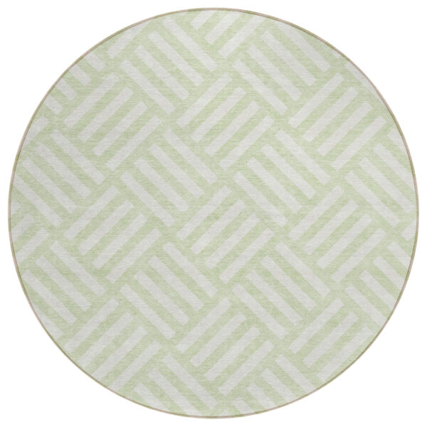 8' Mint Green And Ivory Round Geometric Washable Indoor Outdoor Area Rug