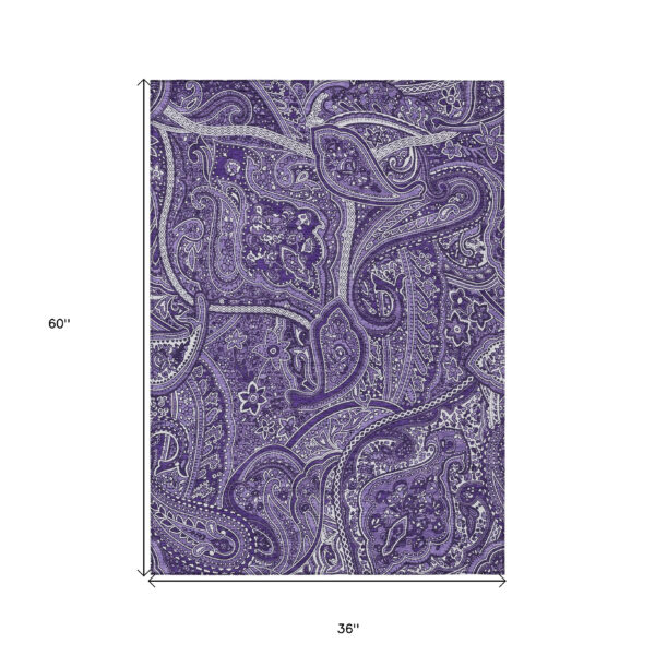 3' X 5' Purple Lavender And Silver Paisley Washable Indoor Outdoor Area Rug