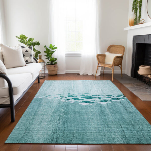 8' X 10' Teal Blue Aqua And Ivory Nautical Washable Indoor Outdoor Area Rug