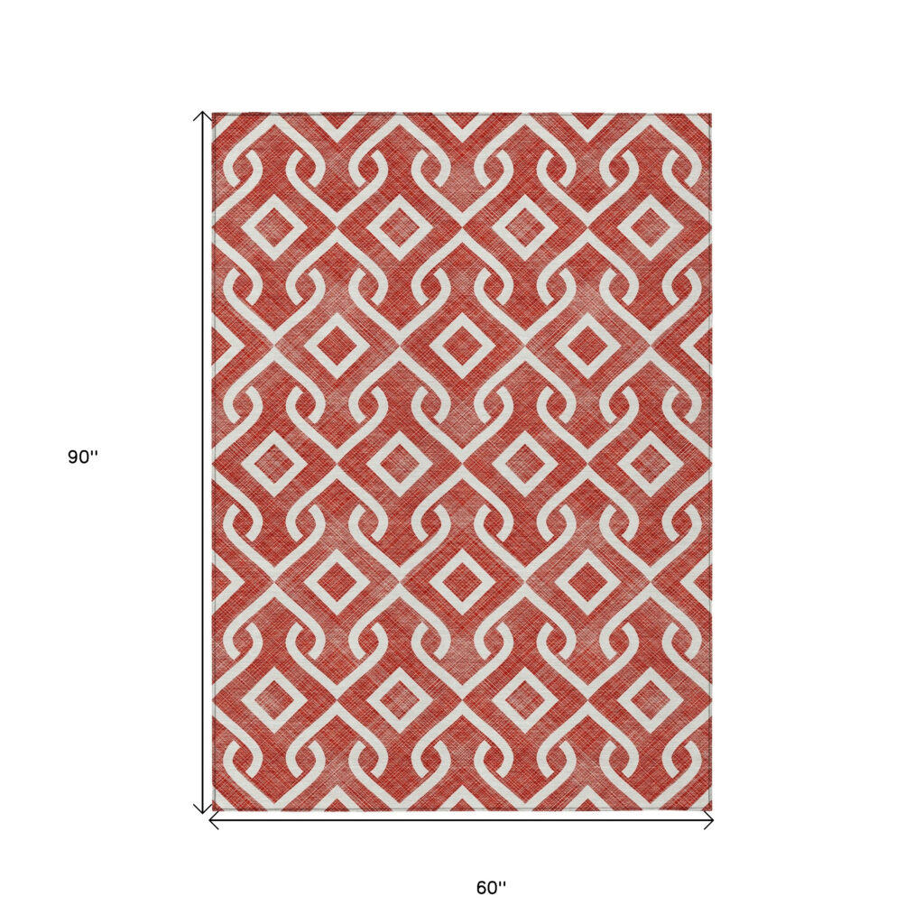 5' X 8' Red And Ivory Geometric Washable Indoor Outdoor Area Rug