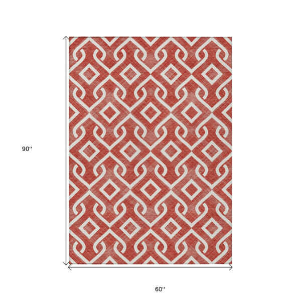 5' X 8' Red And Ivory Geometric Washable Indoor Outdoor Area Rug